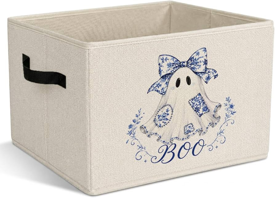 Blue and White Floral Decorative Storage Basket for Organizing Clothes Books, Spooky Halloween Gi... | Amazon (US)