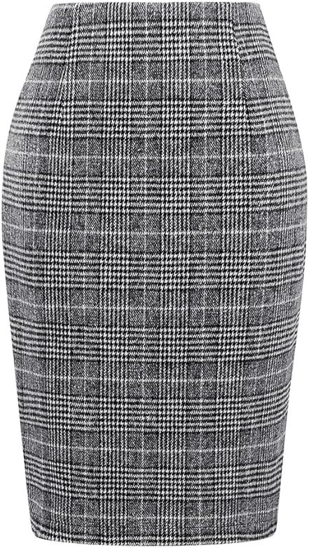 IDEALSANXUN Midi Plaid Skirts for Women 2023 Fall Winter Knee Length Pencil Wool Skirt with Slit | Amazon (US)
