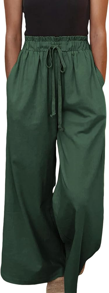 Yeokou Women Linen Cotton Wide Leg Pants Drawstring Elastic High Waist Casual Palazzo Trousers wi... | Amazon (US)