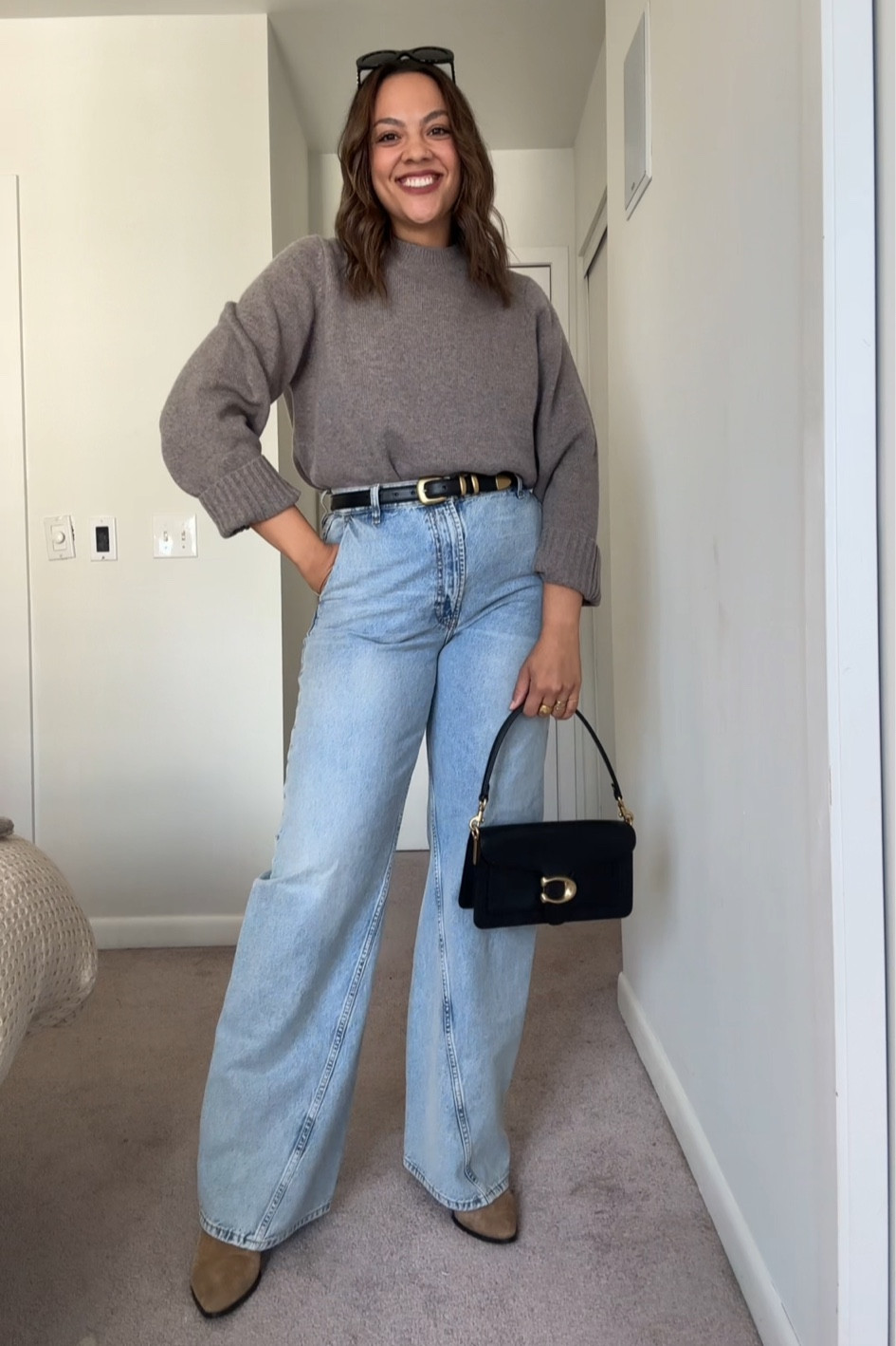 Styling a crewneck sweater for fall, fall outfit idea!

-Reformation taupe wool crewneck sweater, I have a size large.
-Anine Bing high-rise light wash wide leg jeans, I have size 31.
-Beige suede ankle boots, similar linked.
-Coach tabby shoulder bag in black pebble leather. 
-Black belt with gold hardware, similar linked.
-Celine Triomphe sunglasses. 


#LTKcanada #LTKstyletip #LTKautumn