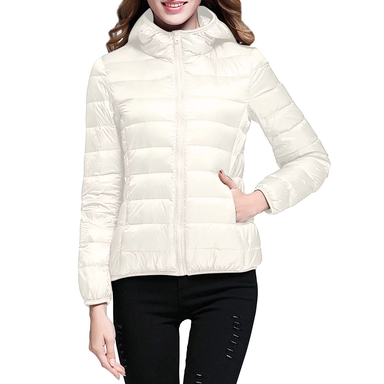 keusn women's packable down jacket lightweight puffer jacket hooded winter coat white l | Walmart (US)