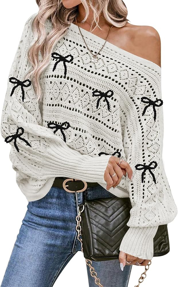 Cakulo Womens Off Shoulder Sweater Top Fall Outfits Fashion 2025 Oversized Knit Batwing Long Slee... | Amazon (US)