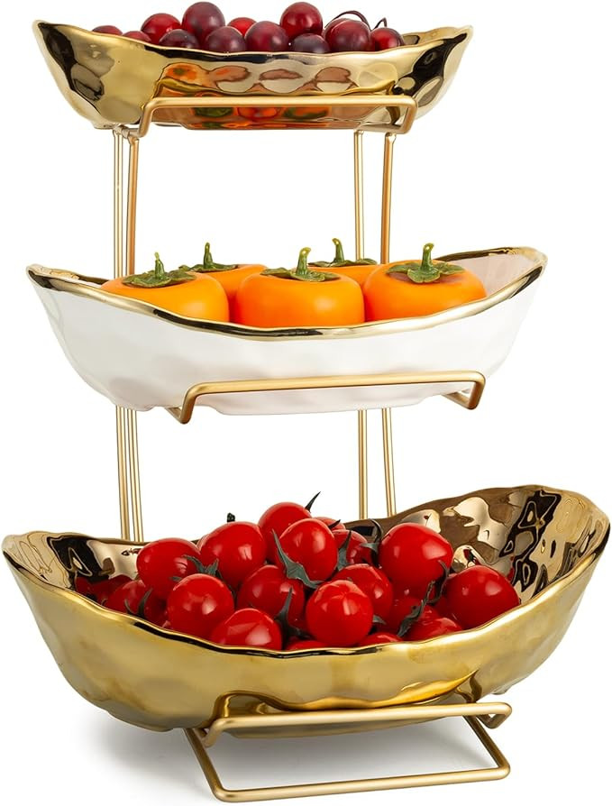 3-Tier Gold Fruit Bowl & Tray with Metal Stand - Ceramic White, Triple Layer for Snacks, Nuts, Br... | Amazon (US)