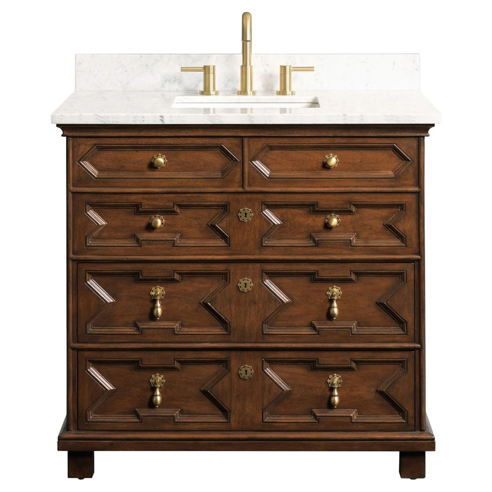 17th Century Updated Traditional White Marble Brown Wood Vanity Sink - 36" | Kathy Kuo Home