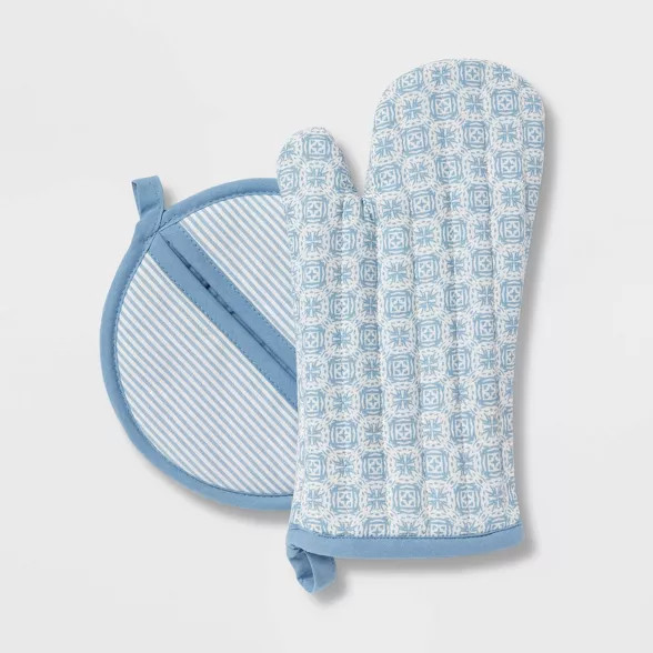 2pc Cotton Stamp Oven Mitt and Pot Holder Set Blue - Threshold™ | Target