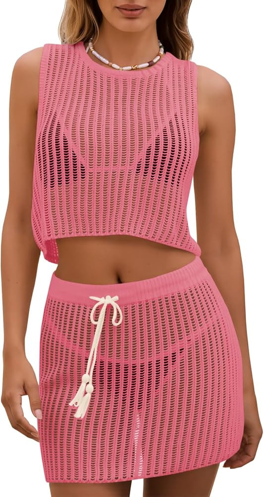 Fisoew Womens 2 Piece Crochet Sets Sleeveless Crop Tops Cover Up Beach Mini Skirt Outfits Vacatio... | Amazon (US)