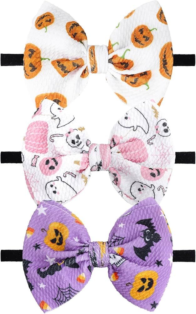 YanJie Halloween Baby Girl Headbands with Bows Pumpkin Headband Black Ghost Printed Baby Bows Ora... | Amazon (US)