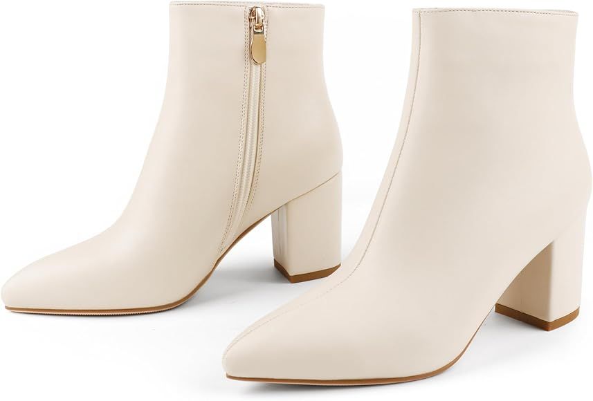 JOY IN LOVE Women's Ankle Boots Chunky Block Heel Pointed Toe Zipper Boots | Amazon (US)