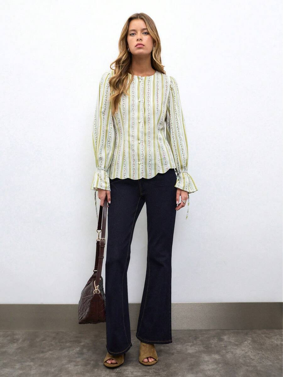 Nöista Striped Peplum Blouse With Puff Sleeves And Button Front; Perfect For Office Days, Brunch... | SHEIN