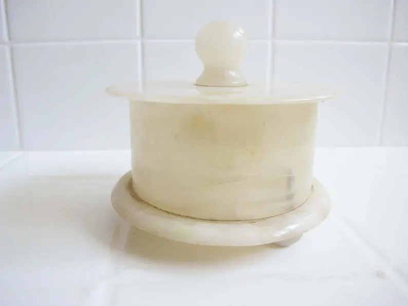 Vintage Onyx Stone Round Jewelry Trinket Box Small Cream Rust Lidded Carved Marble Container Dese... | Etsy (US)