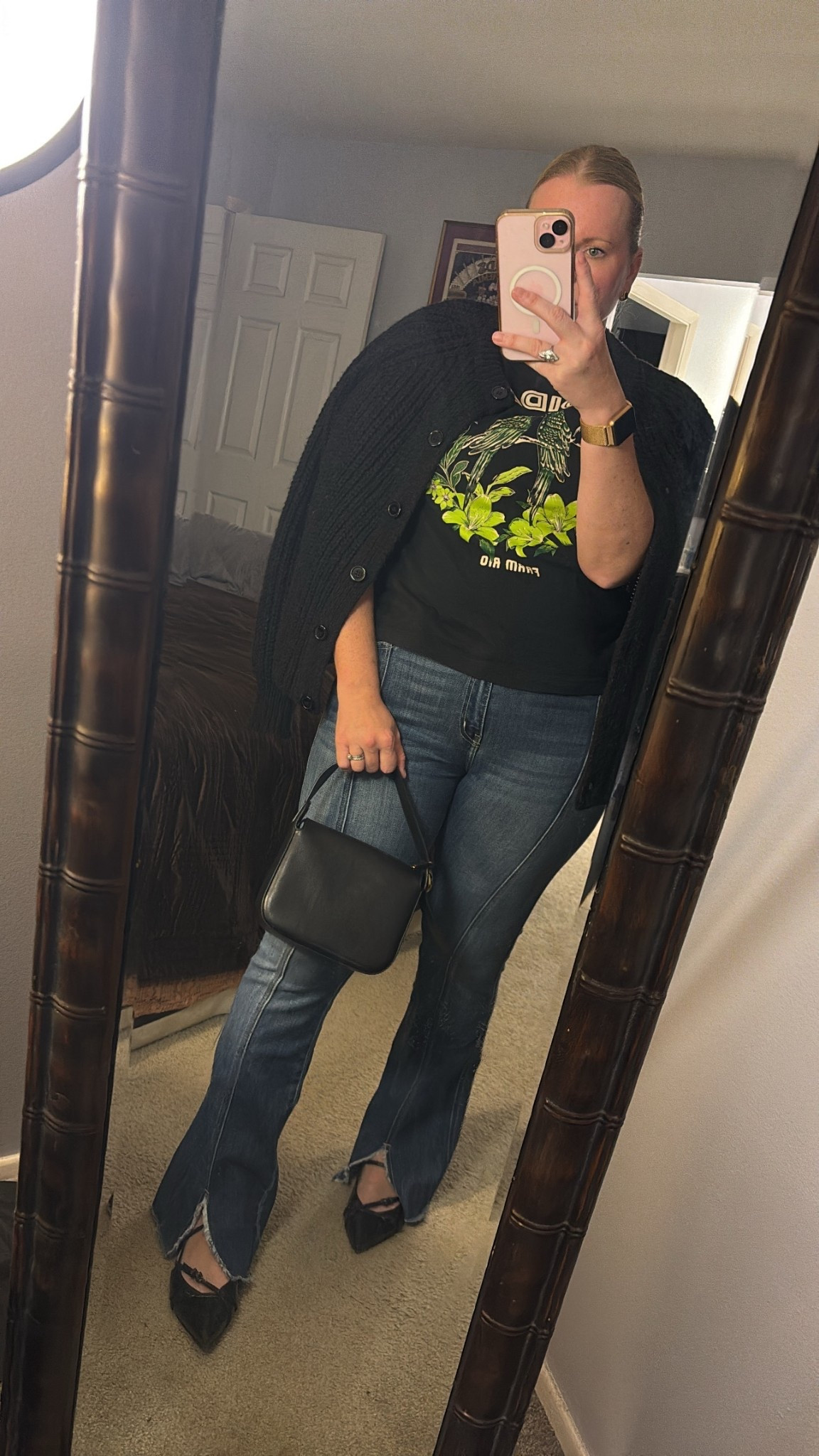 Fall casual, sweater styling, split hem jeans 