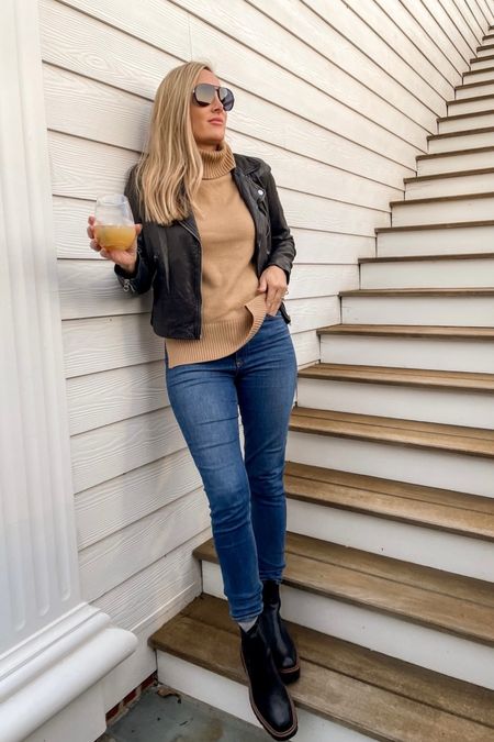 Fall outfit that I love. This leather jacket is a must have for fall. Run small I’m wearing a size small but wish I had a medium. Chelsea lug boots a. It’s have for fall, waterproof, fit tts 

#LTKsalealert #LTKHoliday #LTKSeasonal