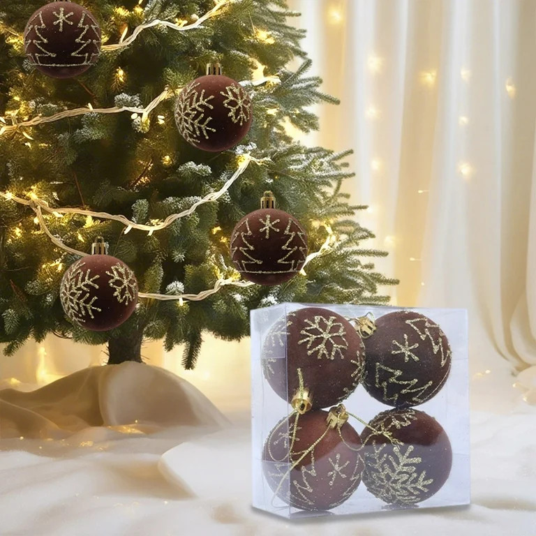 Christmas Ornaments, 4PCS Brown Velvet Flocked Christmas Balls with Gold Snowflake and Tree Patte... | Walmart (US)