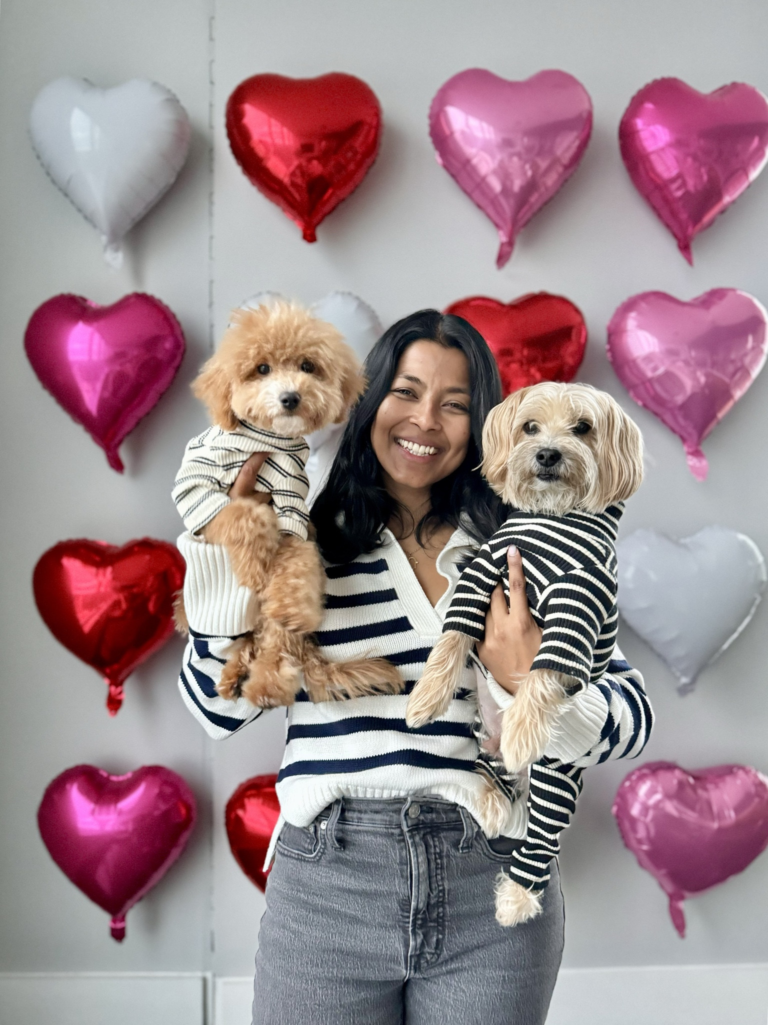 Easy & cozy Valentine’s Day outfit that’s neutral and goes with all colored themes. Madewell perfect vintage Jeans. Striped Abercrombie sweater. Dogs matching outfits are from Little Beast. 

#LTKMostLoved #LTKfindsunder100