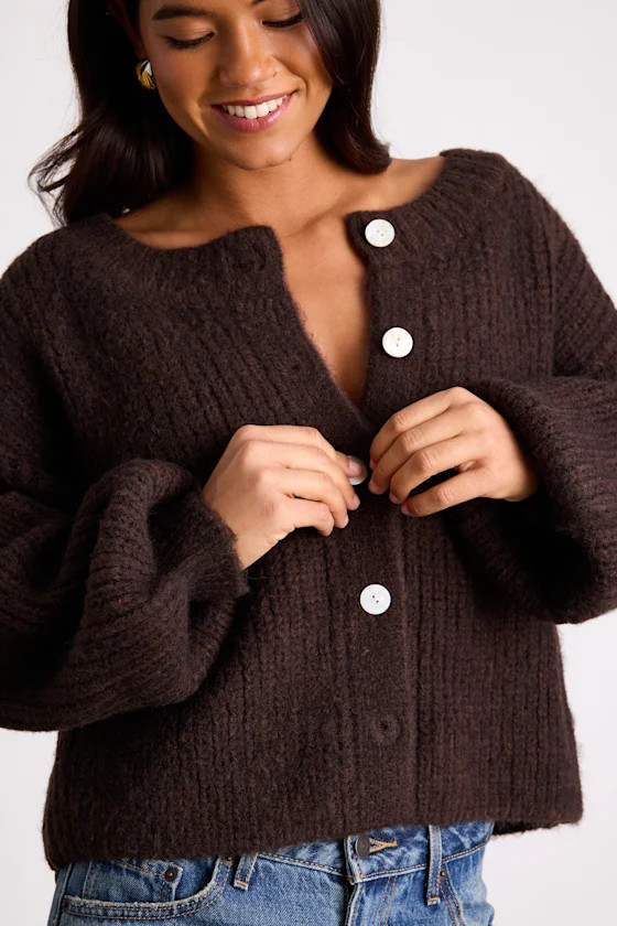 Marsden Heathered Brown Boxy Cardigan Sweater | Lulus
