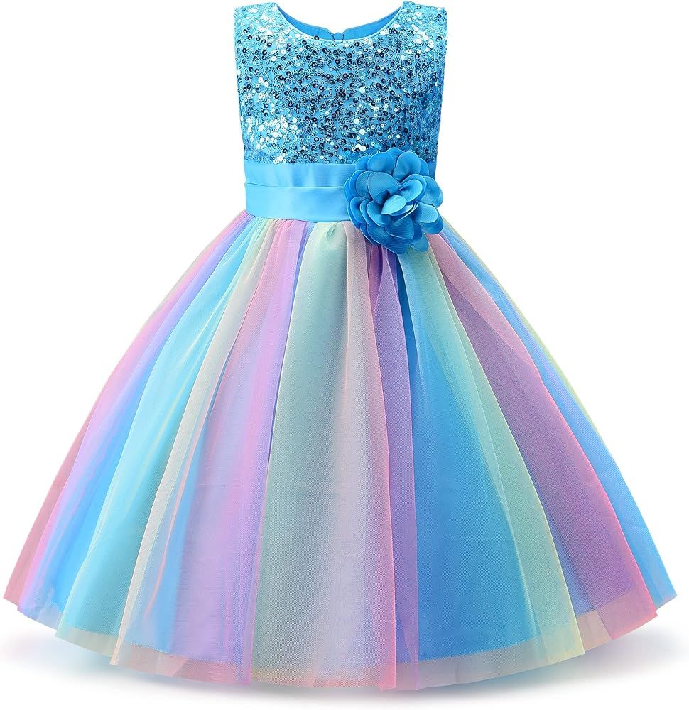 Uhnice Little Girl's Sequin Sleeveless Mesh Rainbow Dress for Wedding Party | Amazon (US)