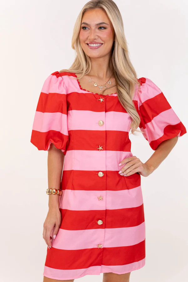 Carefree State Of Mind Pink Striped Puff Sleeve Shift Dress | The Mint Julep Boutique