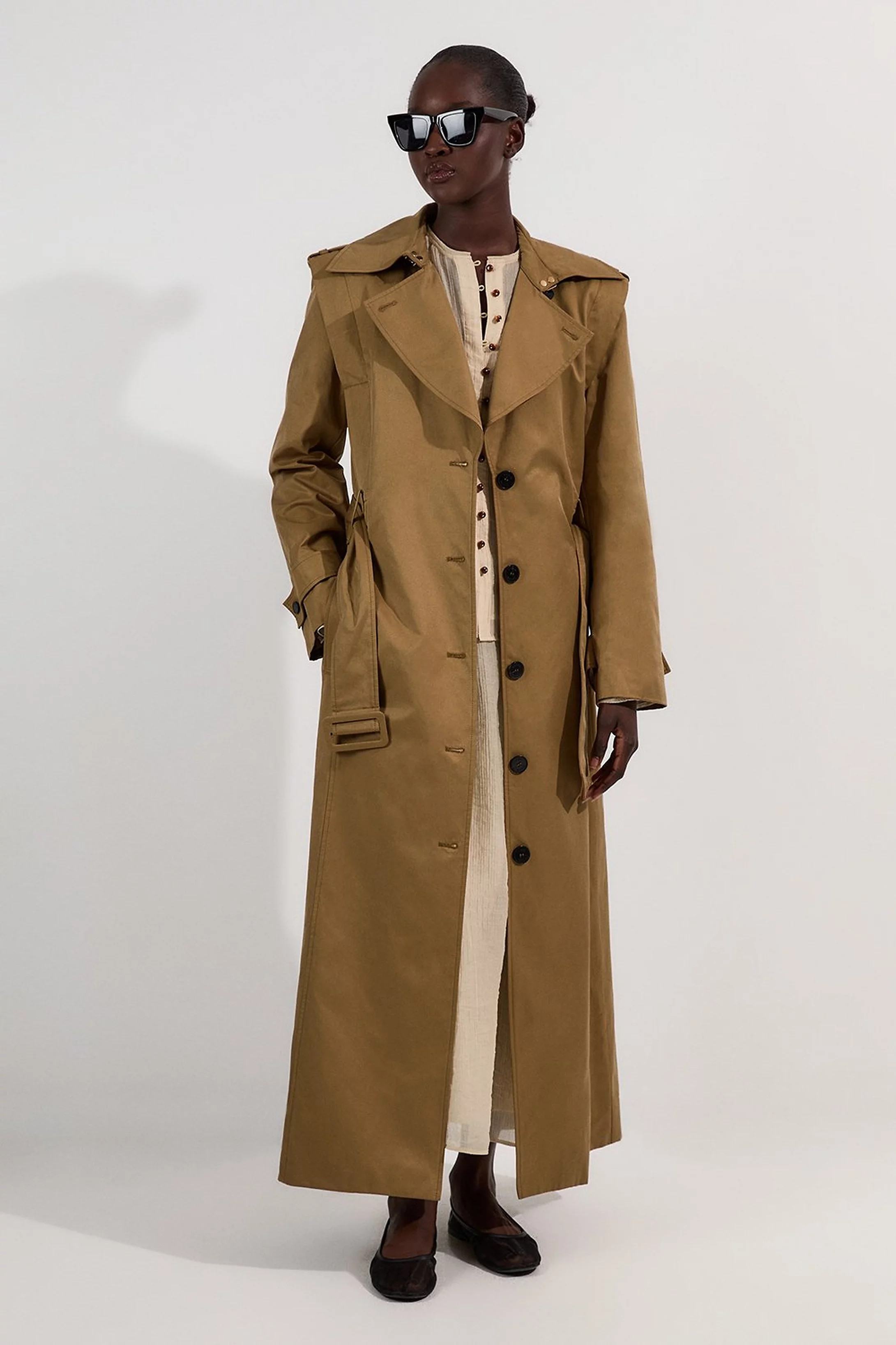 Strong Shoulder Belted Maxi Trench Coat | Karen Millen UK + IE + DE + NL