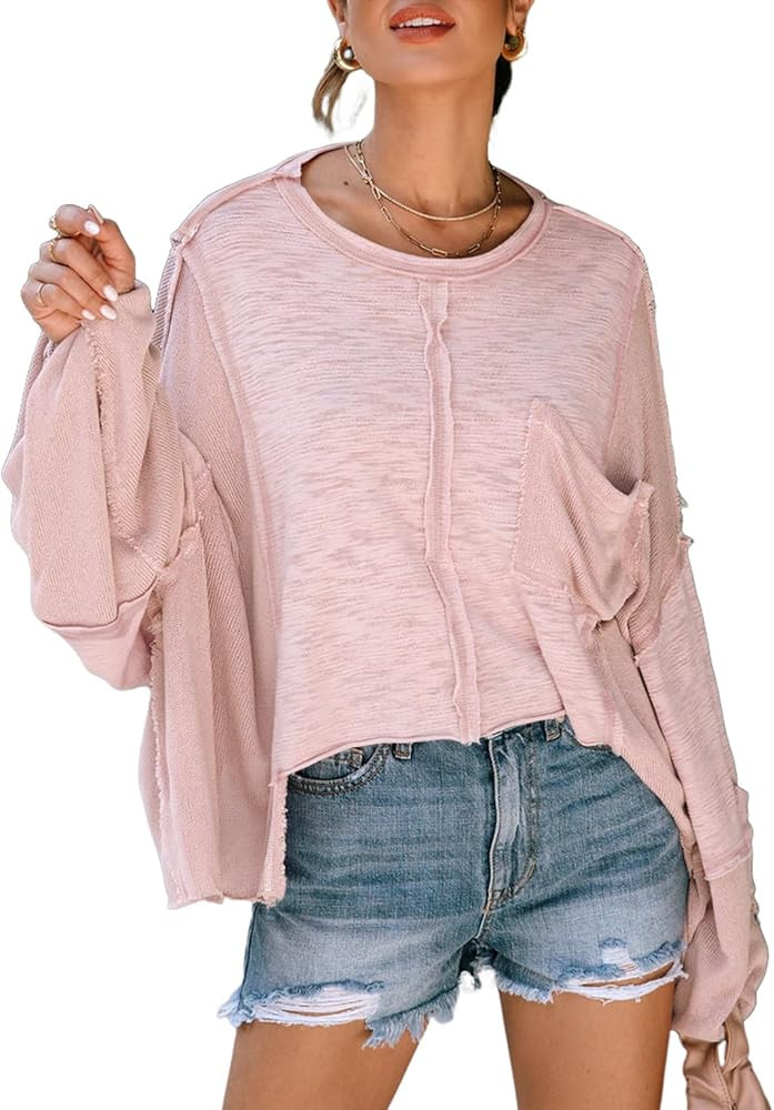 LEMAFER Women's Exposed Seam Chest Pocket Loose Sleeve Oversized Tunic Top Casual Solid Patchwork... | Amazon (US)