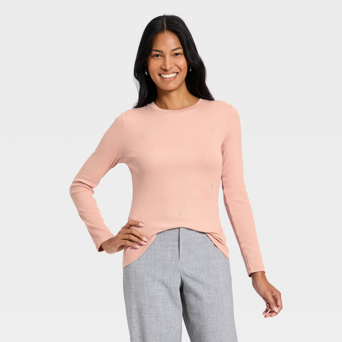 Women's Slim Fit Long Sleeve Embellished Ribbed Top - A New Day™ | Target