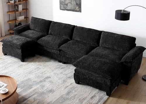 mestyl Modular Sectional Sofa Comfy Cloud Couch, U Shaped 4 Deep Seat Sofa Couch with 2 Ottoman, 157" Oversized Soft Modern Couches Set for Living Room, Chenille, Black MT001 | Amazon (US)