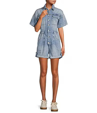 Free People Marci Soft Stretch Denim Point Collar Short Cuffed Sleeve Romper - L | Dillard's