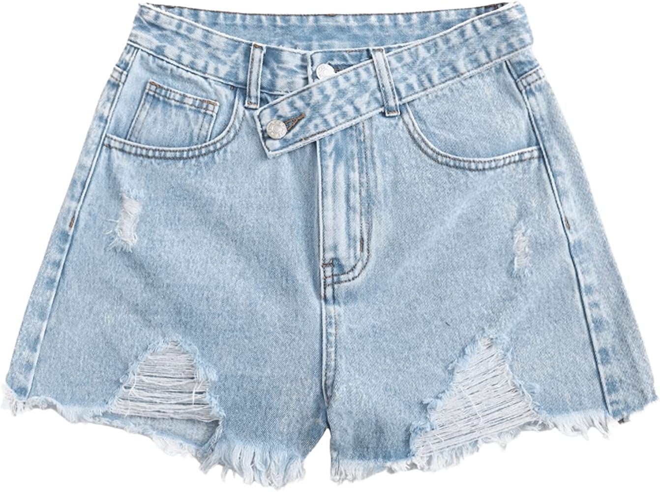 SweatyRocks Women's Casual High Waist Raw Hem Ripped Denim Jean Shorts with Pocket | Amazon (US)