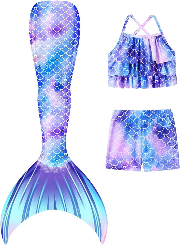 Girls Mermaid Bathing Suit 3PCS Cute Ruffle Tankini Swimsuits with Boyshort Fish Tail Kids Beach ... | Amazon (US)