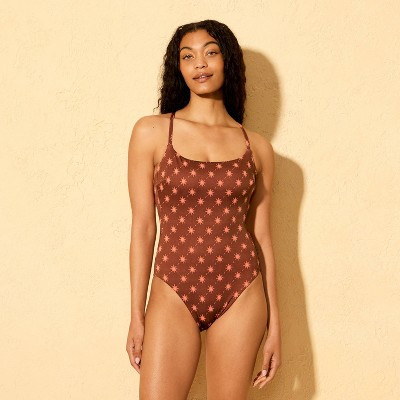 Women's Solar Jacquard Cheeky Coverage Scoop Neck One Piece Swimsuit - Shade & Shore™ Brown XS | Target