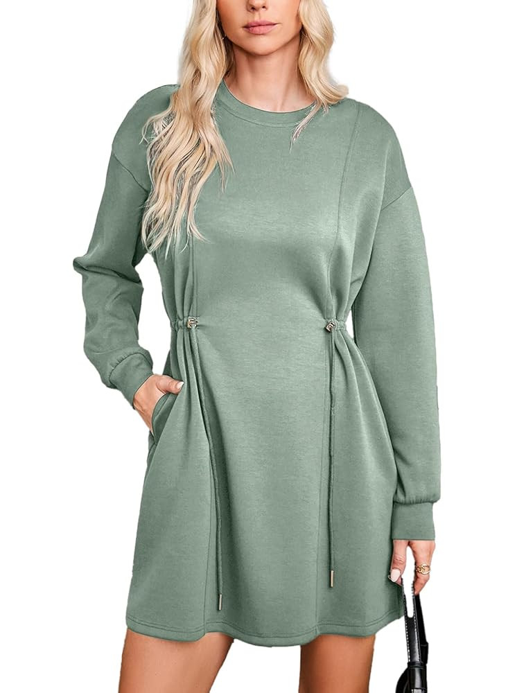 Dokotoo Women's Drawstrings Waistband Long Sleeves Crew Neck Sweatshirt Casual Mini Dress | Amazon (US)
