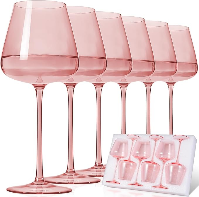 Pink Wine Glasses Set of 6, Hand Blown Large Colored Wine Glass 18Oz, Lead-Free Premium Crystal L... | Amazon (US)