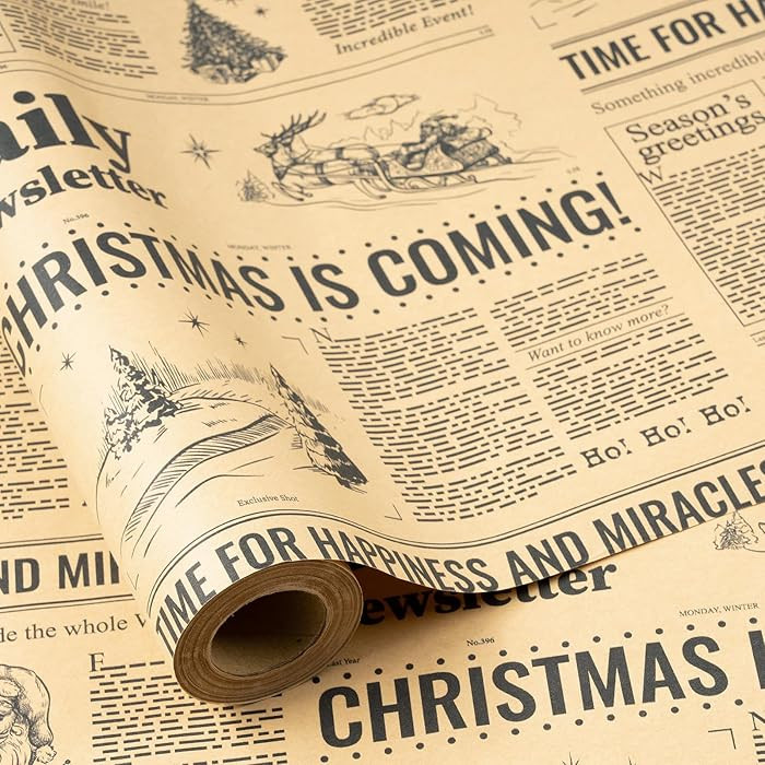 RUSPEPA Vintage Newspaper Christmas Wrapping Paper Roll, Mini Roll, CHRISTMAS IS COMING Headline ... | Amazon (US)