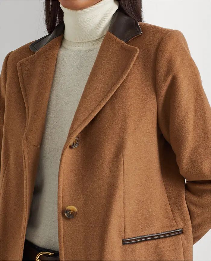 Lauren Ralph Lauren Faux Leather Trim Wool Blend Coat | Nordstrom | Nordstrom