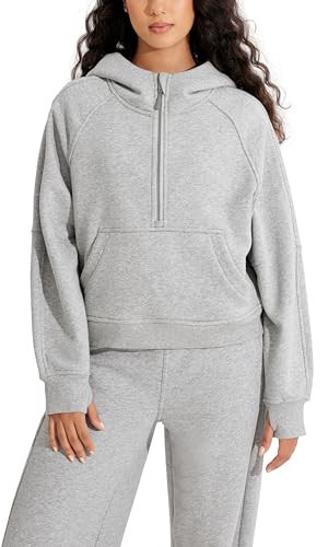 ODODOS Half-Zip Hoodies for Women Fleece Lined Cropped Sweatshirts Pullover Long Sleeve Sweater Thumb Hole, Heather Grey, Small | Amazon (US)
