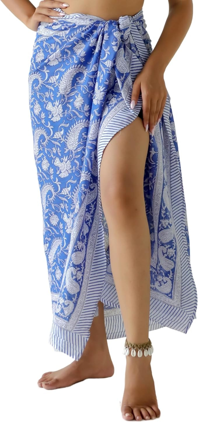 100% Cotton Sarong Cover Up for Women Indian Block Print Beach Wrap Skirt Long Boho Swimsuit Biki... | Amazon (US)