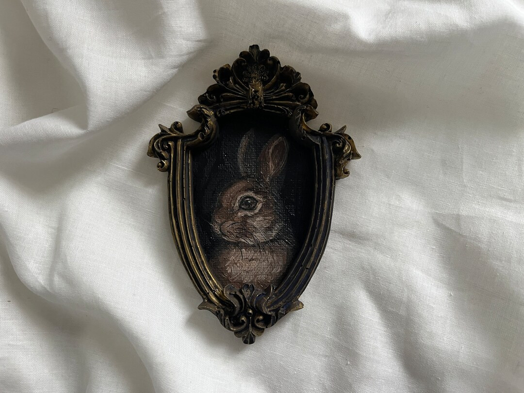 Vintage Framed Bunny Portrait, Gothic Original Handmade Rabbit Painting, Bunny Oil Painting, Orig... | Etsy (US)