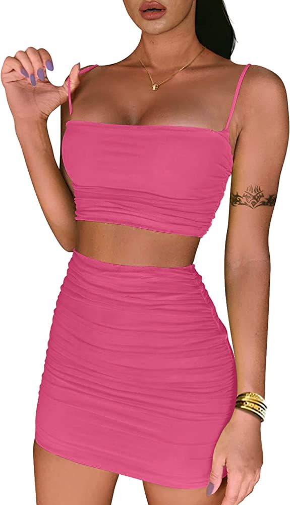BEAGIMEG Women's Ruched Cami Crop Top Bodycon Skirt 2 Piece Outfits Dress | Amazon (US)
