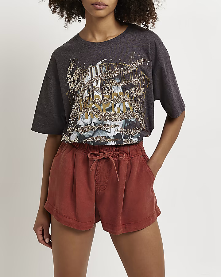 Grey graphic sequin t-shirt | River Island (US)