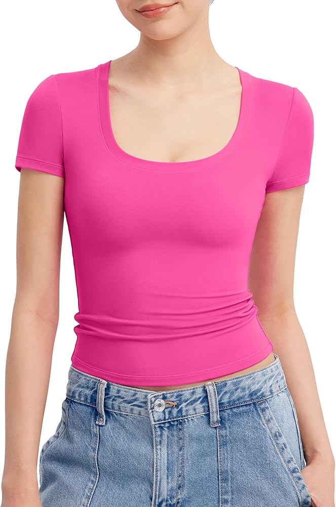 PUMIEY Women's T Shirts Short Sleeve Scoop Neck Basic Going Out Tops Fashion Slim Fit Tee Smoke C... | Amazon (US)