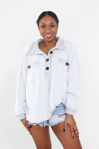 Bucketlist French Terry Fleece Button Up Sweater for Women in Grey | Glik's