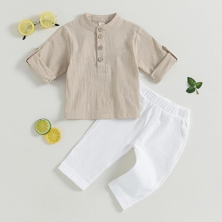 Karuedoo Toddler Baby Boy Clothes Cotton Linen Henley Shirts Button Down Long Sleeve Shirts Casual P | Amazon (US)