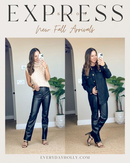 Save 40 to 50% on everything at EXPRESS! New fall arrivals.  High waisted faux leather pants 0 short l  Cable Knit Turtleneck Sweater Vest XS | Tweed Novelty Button Oversized Shacket XXS | Supersoft Fitted Double Layer Crew Neck Tee in black & swan XS | reversible belt XS
Workwear | date night outfit 

#LTKover40 #LTKfindsunder50 #LTKsalealert