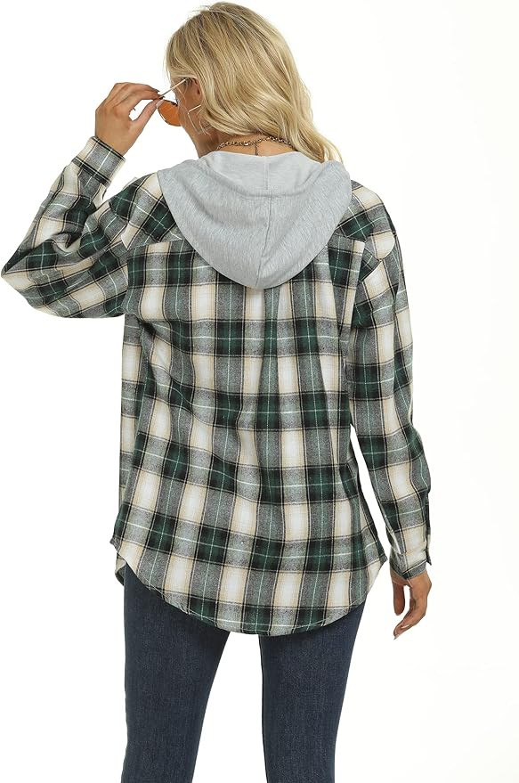 Women's Plaid Flannel Shirts Hoodie Long Sleeve Oversized Shirt Jacket Button Down Blouse Tops | Amazon (US)