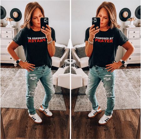 Powered By Prayer graphic tee with Adidas Court Alpha sneakers. American Eagle jeans, I sized up for a looser fit

Tees, casual everyday outfit, sneakers, adidas, jeans, weekend outfit, sale#LTKunder50 

#LTKstyletip #LTKsalealert #LTKfindsunder50