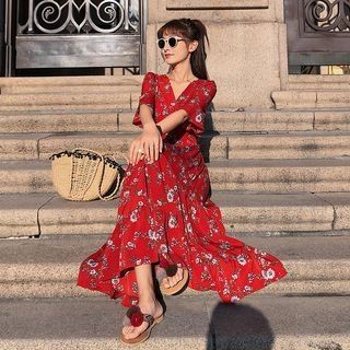 SEPH Surplice Wrap Floral Elbow-Sleeve Maxi Dress | YesStyle | YesStyle Global