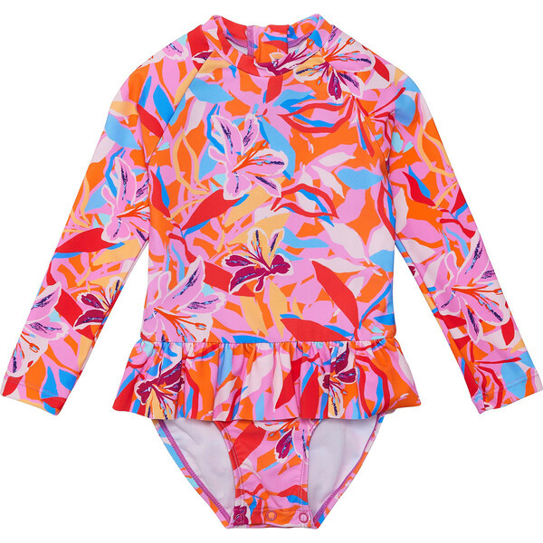 Sustainable High Neck Long Sleeve Waist Skirt Surf Suit, Blooming Sunset | Maisonette
