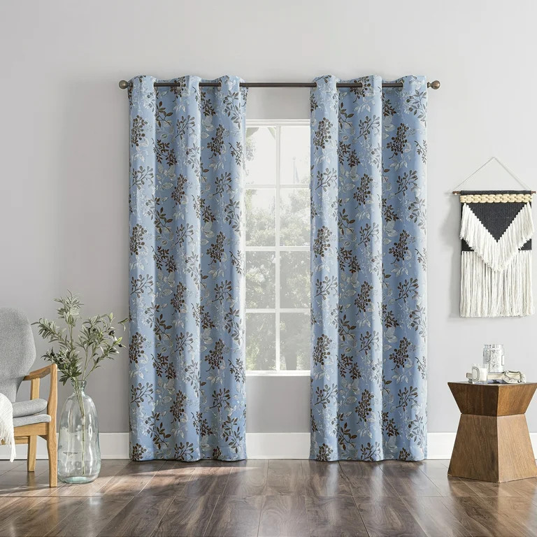 Mainstays Blackout Energy Efficient Botanical Print Grommet Curtain Panel, 40"x84", Blue/Leaf | Walmart (US)