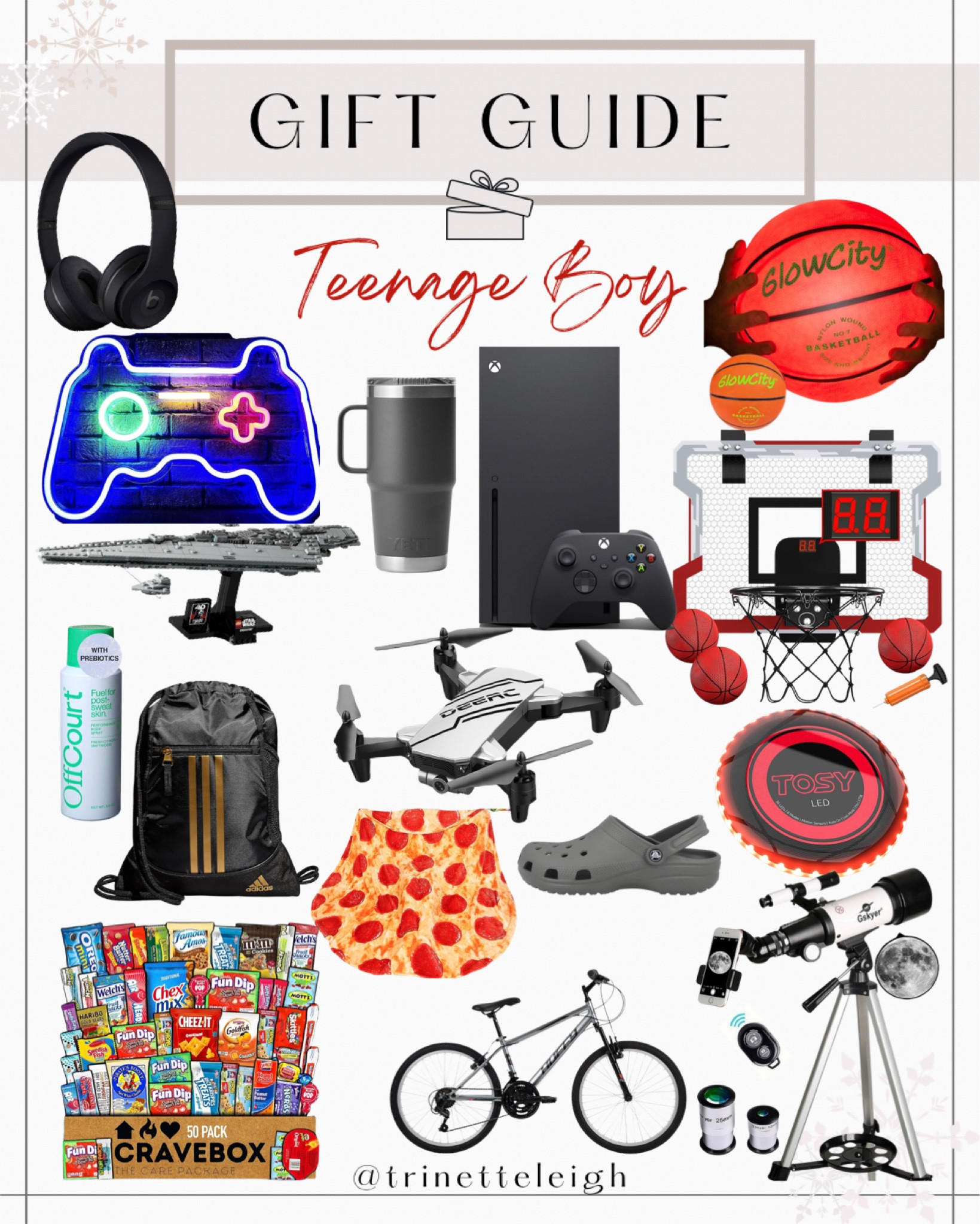 Gift Guide for Teenage Boys. Beats headphones. Neon video game controller sign. Yeti Tumblr. Glow-in-the-dark basketball. Glow-in-the-dark frisbee. Non aluminum spray. Xbox gamer system. Drone and controller. Croc sandals. Pizza blanket. Boys bicycle. Telescope. Basketball hoop. Assorted snack box. Adidas book bag.

#LTKSeasonal #LTKGiftGuide #LTKHoliday