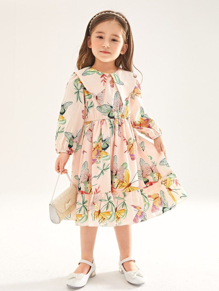 SHEIN Toddler Girls Butterfly Print Sailor Collar Ruffle Hem Dress | SHEIN