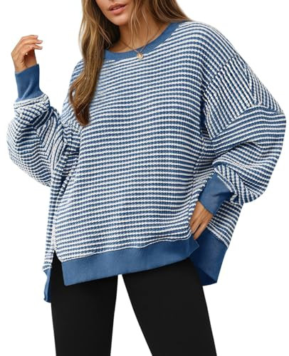 Fisoew Women's Fall Oversized Sweatshirt Casual Waffle Knit Long Sleeve Crewneck Split Pullover T... | Amazon (US)